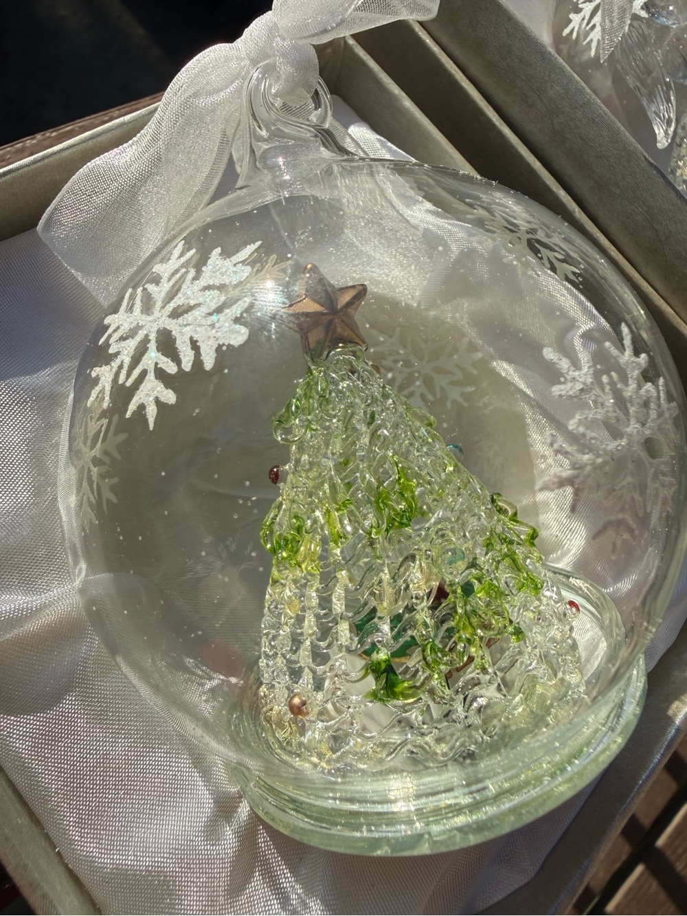 Christmas Tree Clear Spun hand blown glass ornament lights up ribbon snowflakes